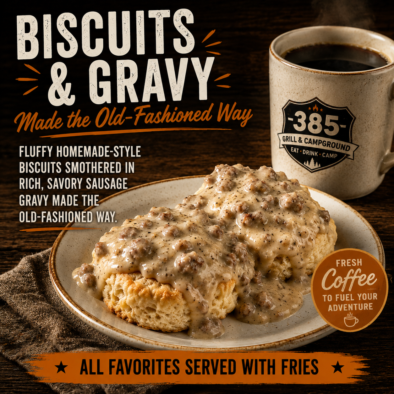 Biscuits & Gravy — made the old-fashioned way with fresh coffee