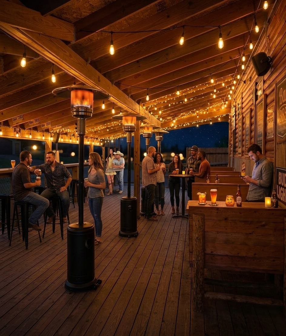 -385 Patio Bar — string lights, fire heaters, people enjoying cold beer on the deck